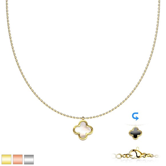 Shamrock Pendant with Shell and Black Enamel filled back Chain Rose Gold - Picture 2 of 2